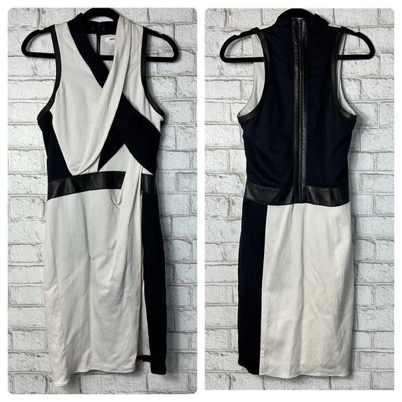 Helmut Lang Dress Twisted Drape Grained Viscose Leather Trim Black White 2 - Picture 2 of 10